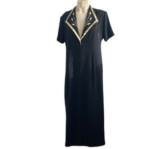 Vintage Formal Gown Gold Lamé Metallic Goth Prom Maxi Dress Short Sleeve Black